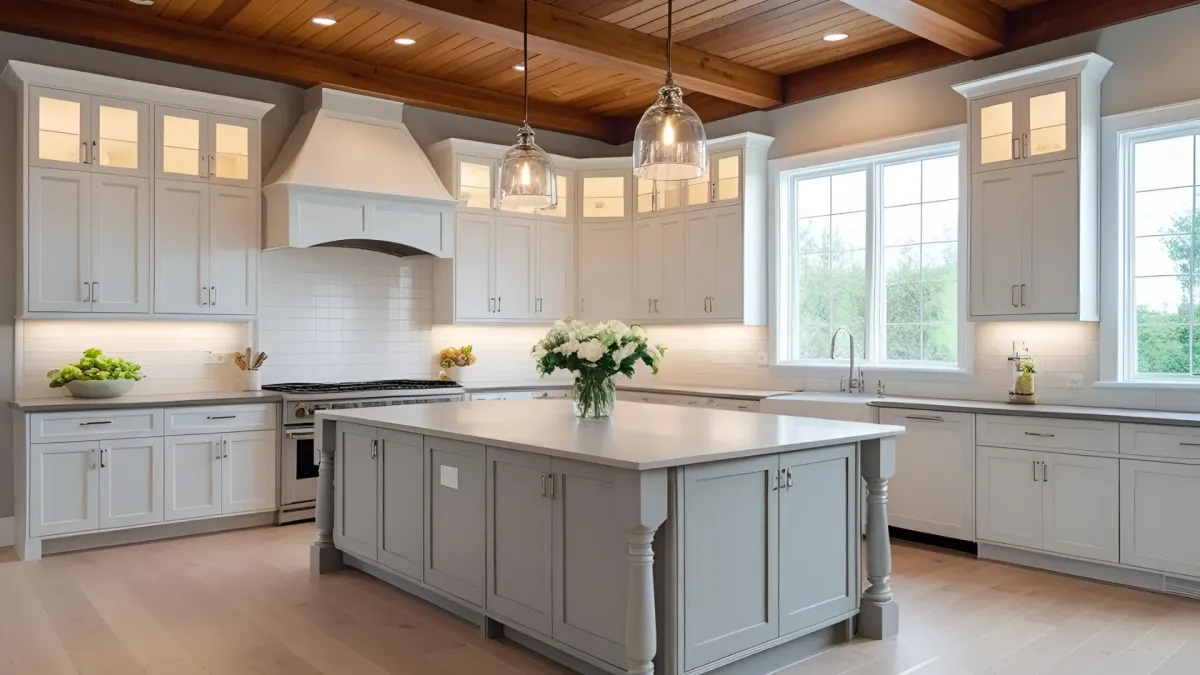 Transitional Kitchen With Lighting Above Island With Wood Beam Ceiling