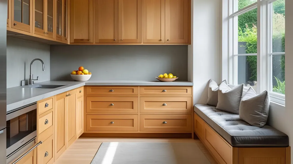 Kitchen With Blend of Classic and Sleek Finishes  With Matching Cabinetry and Bench Seating