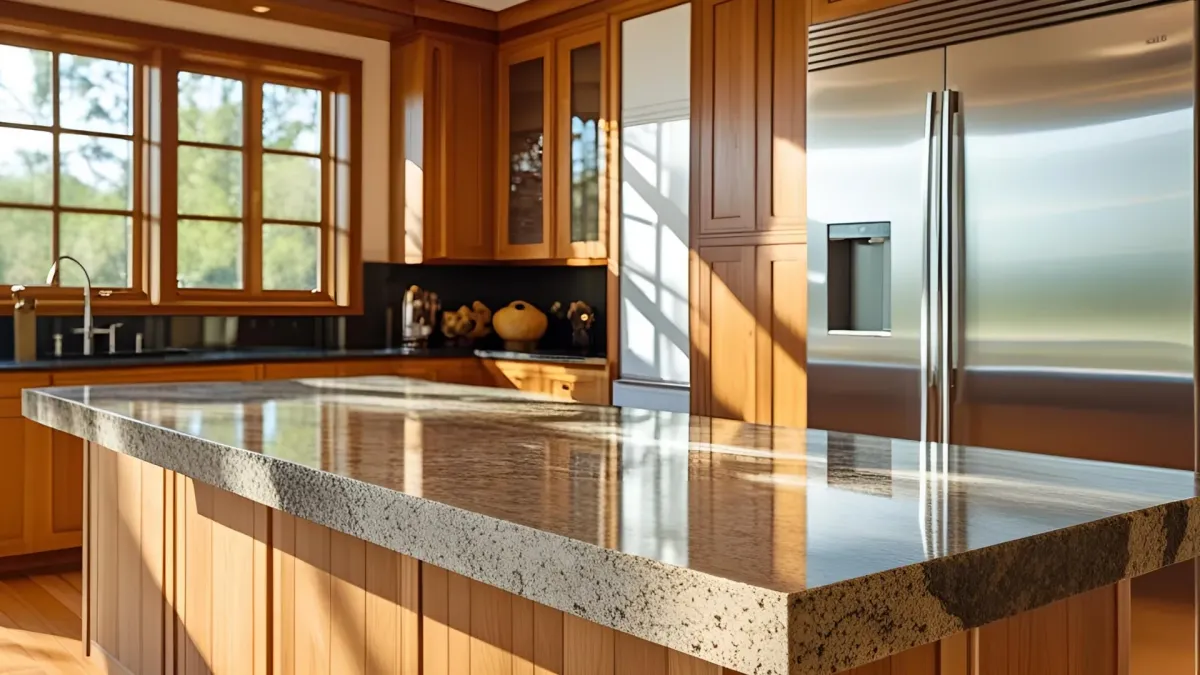 Island Seating With Waterfall Edge Counter and Paneled Fridge