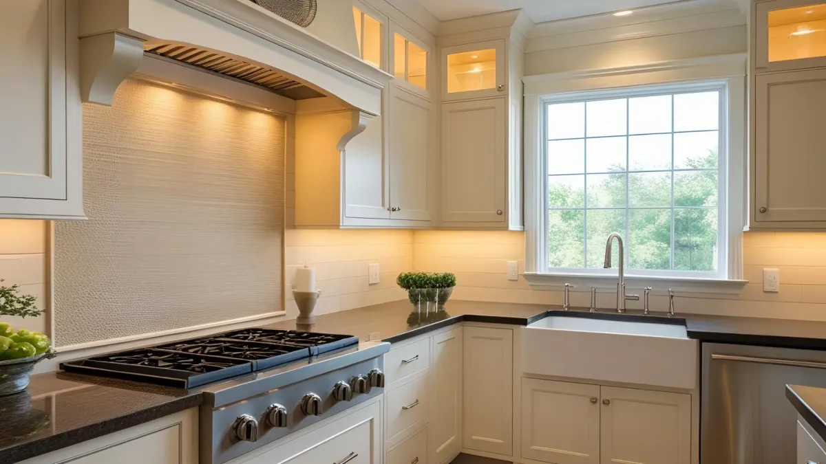 Transitional Kitchen Overview With Neutral-toned Backsplash and Under-cabinet Lighting