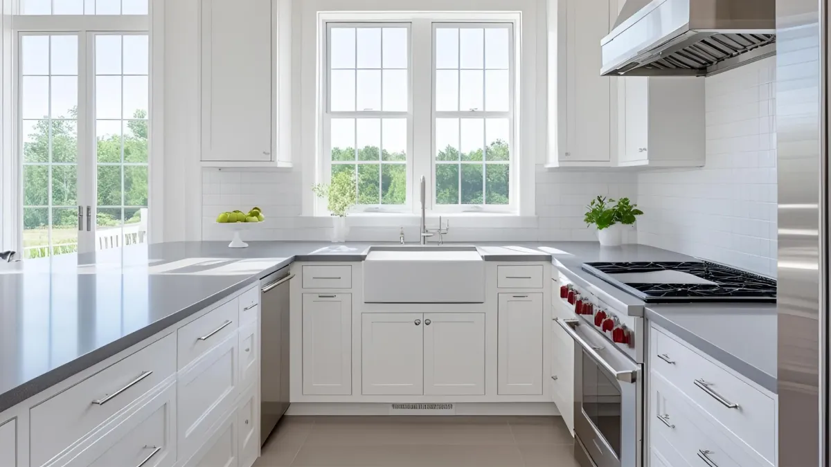 White Kitchen With Crown Molding and Modern Appliances