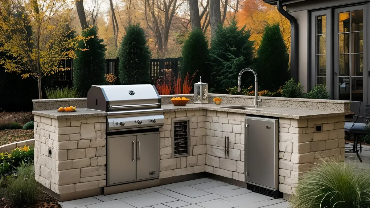 Open-concept Outdoor Kitchen With Granite Counters, Smoker, and Garden Landscaping, Early Fall Setting