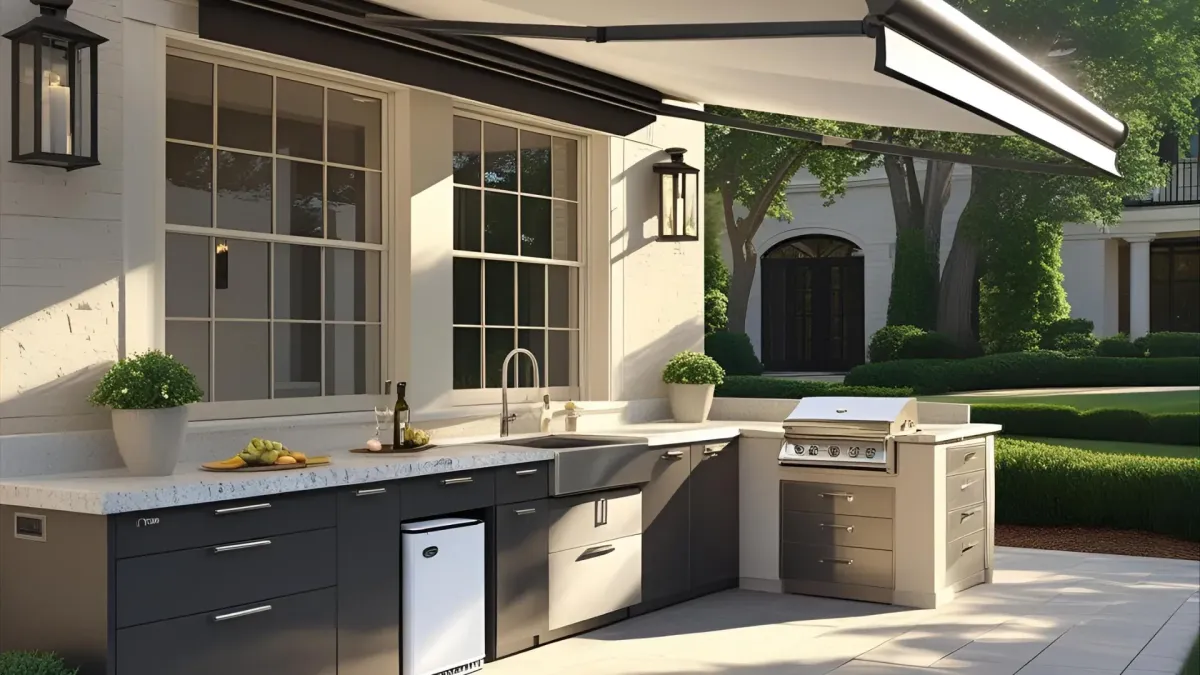 Luxury Outdoor Kitchen With Quartz Countertops, Mini Fridge, and Retractable Awning, Buckhead Style