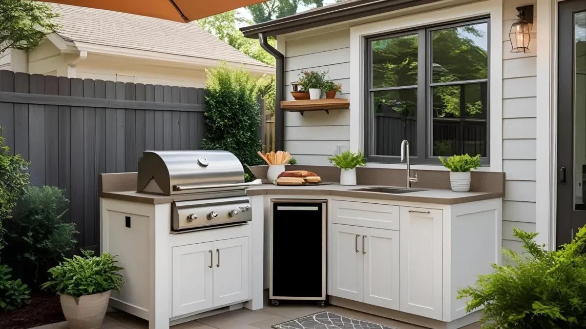Compact Outdoor Kitchen With Smoker, Prep Sink, And White Cabinets, Perfect For Atlanta Townhome Patios