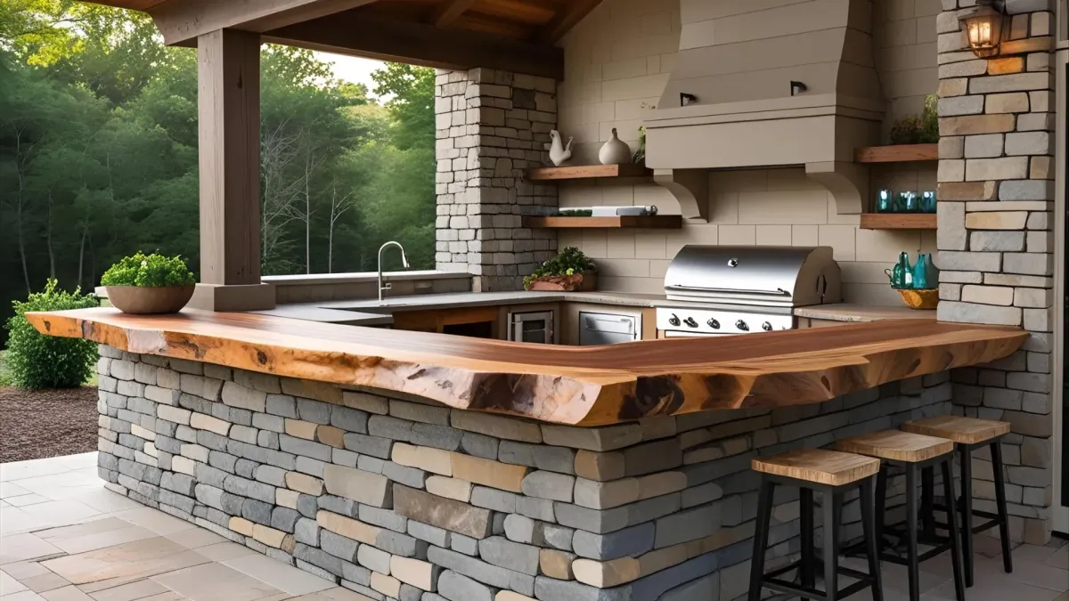 Rustic Outdoor Kitchen With Stacked Stone Base, Live-edge Wood Bar, and Southern Charm Vibe