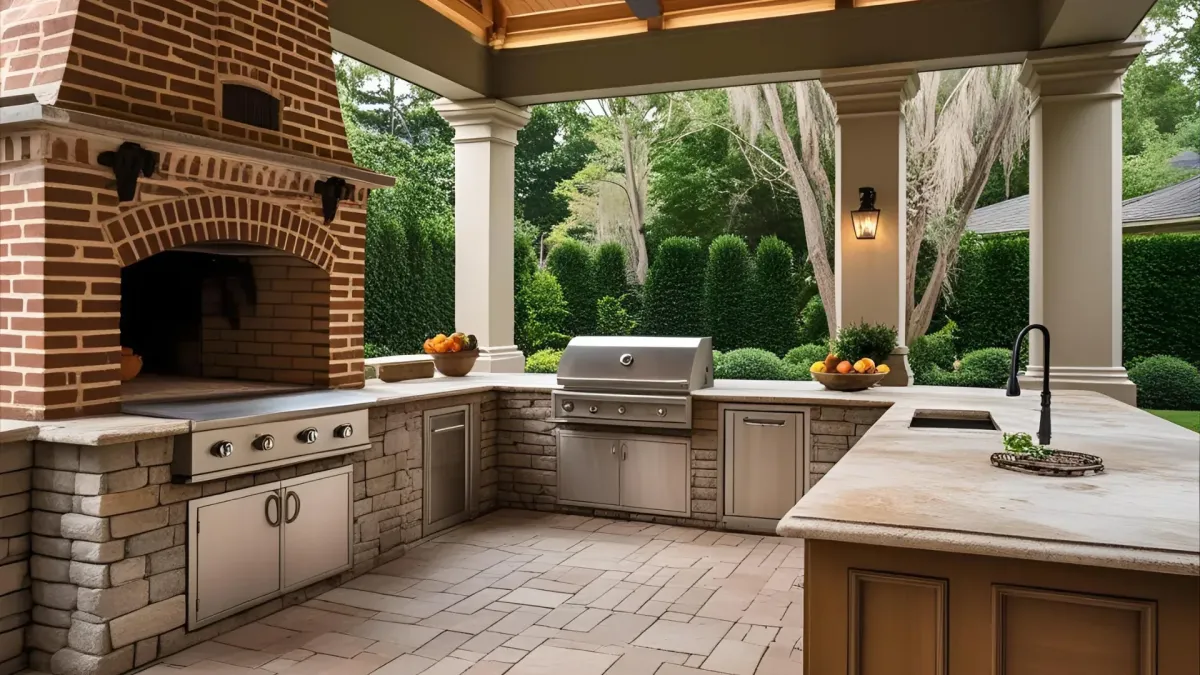 Southern-style Outdoor Kitchen With Brick Oven and Natural Stone Countertops, Set in a Lush Atlanta Backyard