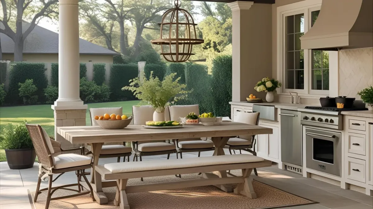 Outdoor Kitchen and Dining Combo With Farm-style Table, and Neutral Palette
