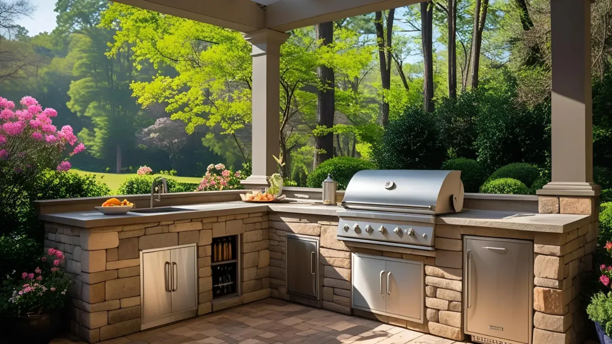 Outdoor Kitchen Nestled in a Shaded Patio With Stone Counters and Trailing Vines, Perfect for Spring Bbqs in Georgia