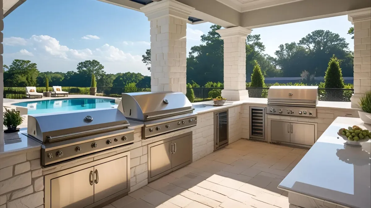 Outdoor Kitchen With Poolside View, Stainless Steel Equipment, and White Stone Finishes, Upscale Atlanta Home