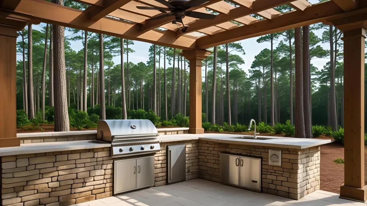 Covered Outdoor Kitchen With Built-in Gas Grill and Wood Beam Pergola, Surrounded by Georgia Pines