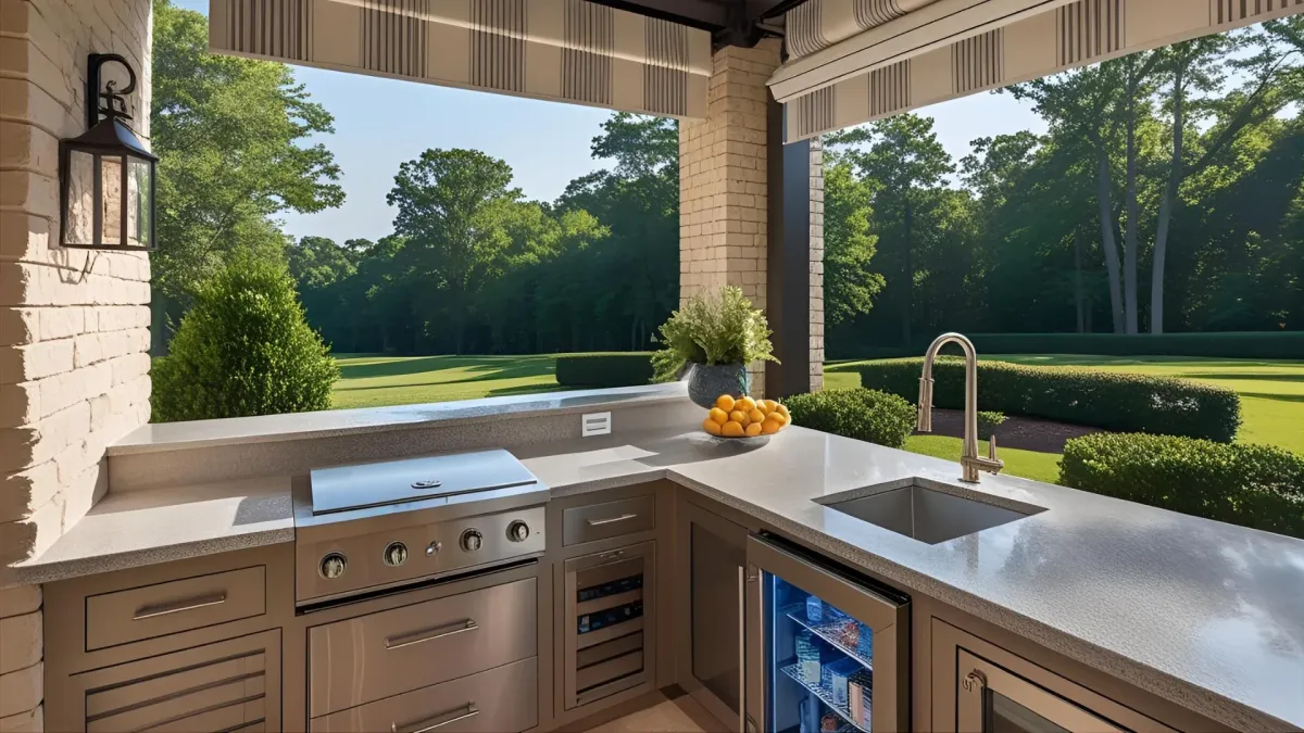 Luxury Outdoor Kitchen With Quartz Countertops, Mini Fridge, and Retractable Awning, Buckhead Style