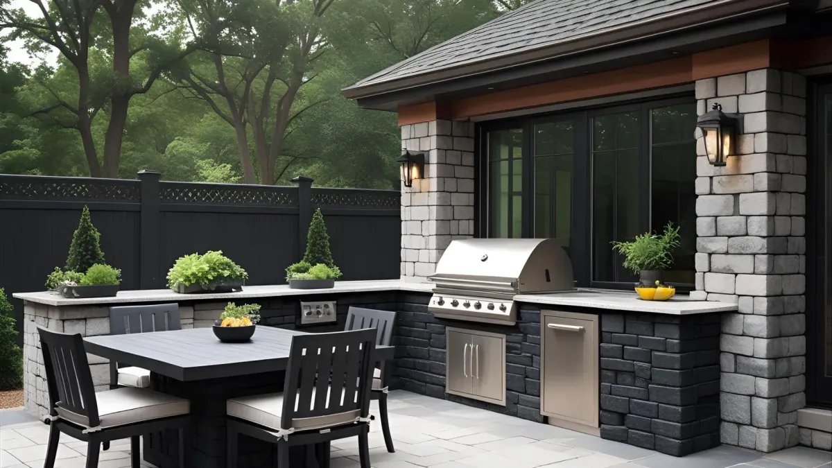 Custom Outdoor Kitchen in Red and Gray Stone With Matching Fire Table and Seating Area