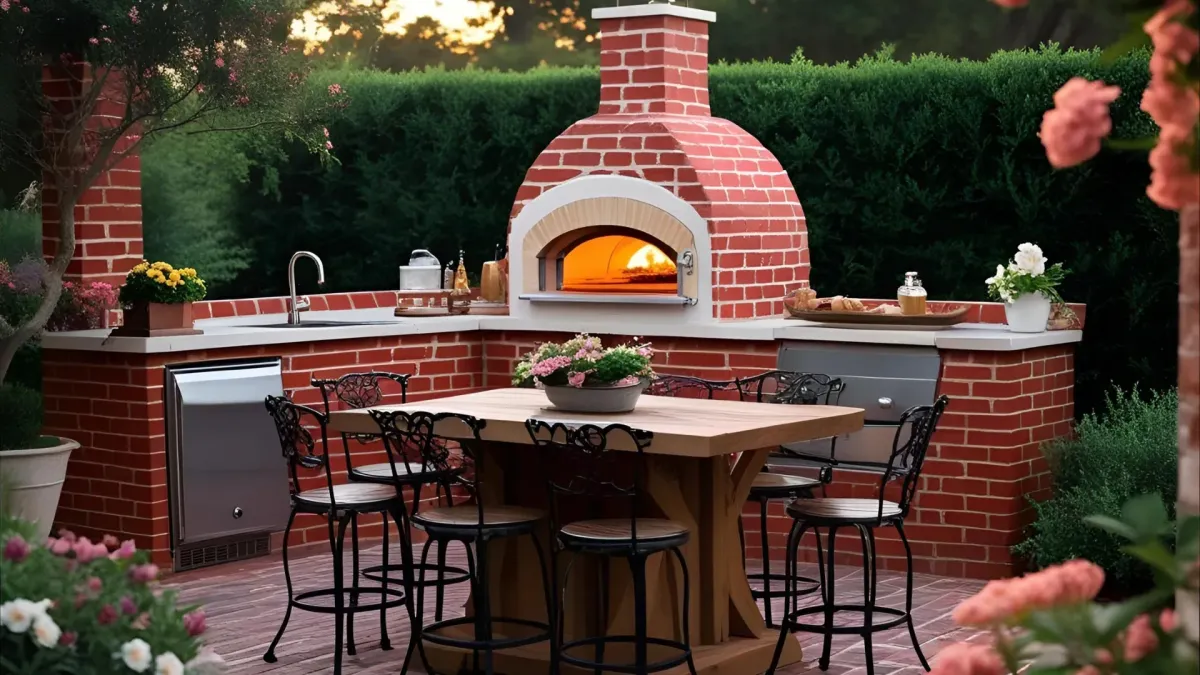 Classic Red Brick Outdoor Kitchen With Pizza Oven, Wrought Iron Stools, and Southern-style Charm