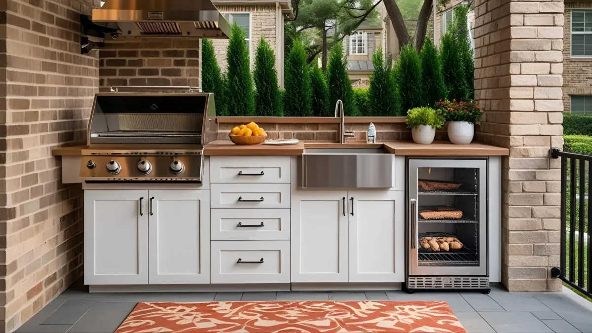 Compact Outdoor Kitchen With Smoker, Prep Sink, and White Cabinets, Perfect for Atlanta Townhome Patios