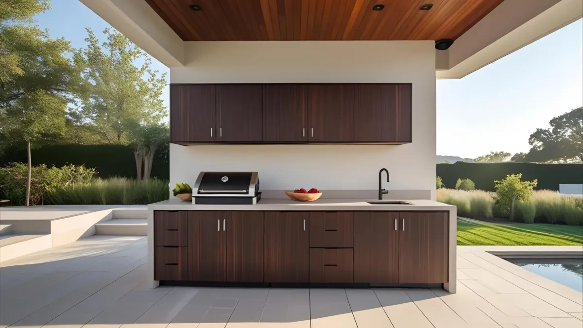 Contemporary Outdoor Kitchen With Dark Wood Cabinetry, Sleek Grill, and Minimalist Open Layout