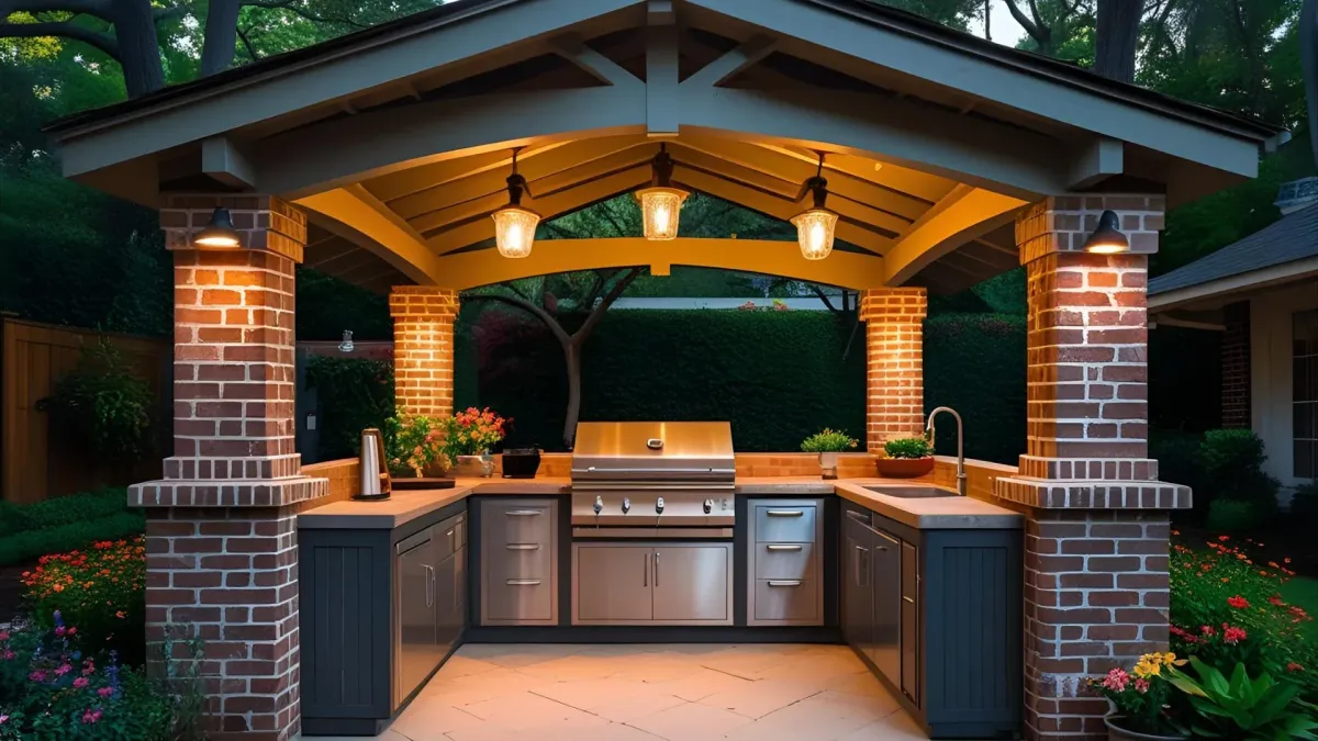 Traditional Outdoor Kitchen Under a Gabled Roof Structure, With Brick Pillars and Vintage Lighting, Atlanta Backyard