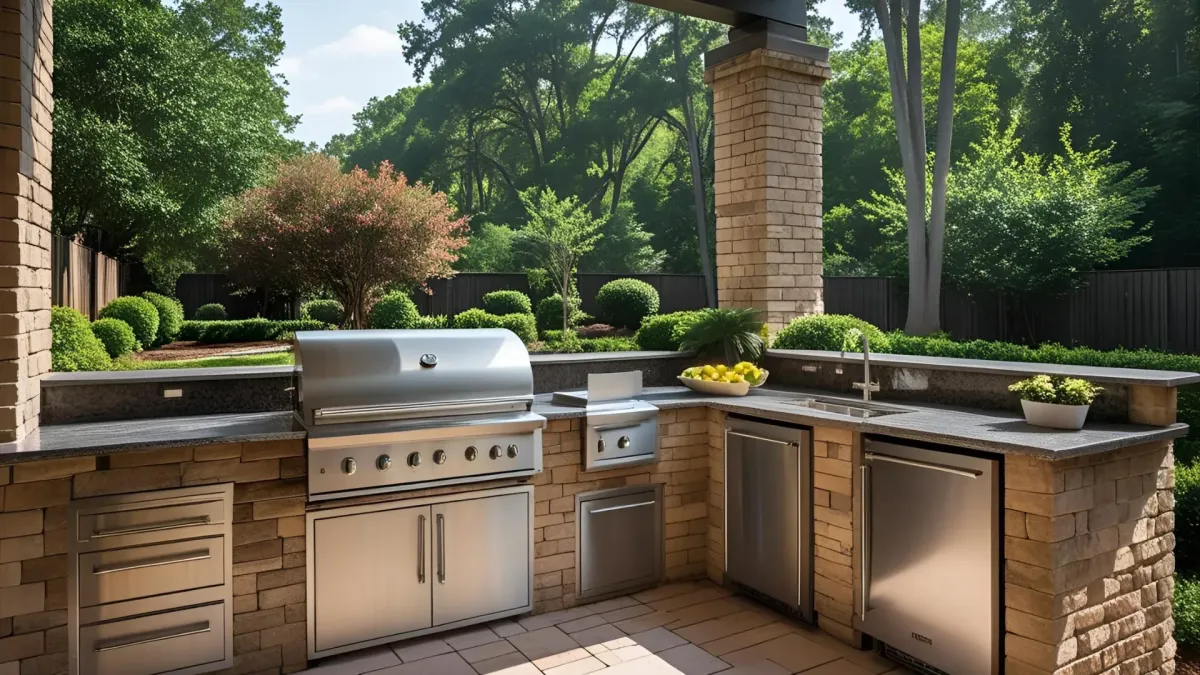 Elegant Outdoor Kitchen With Stainless Steel Appliances and Granite Countertops, Overlooking a Suburban Atlanta Garden