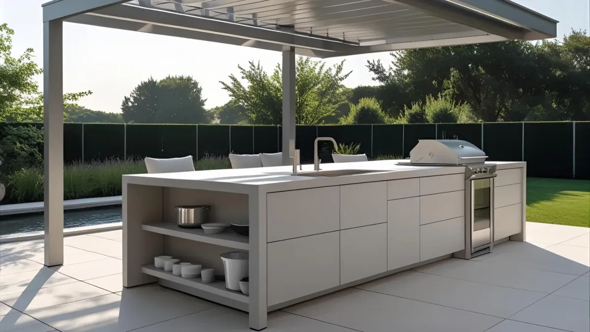 Minimalist Outdoor Kitchen Under a Modern Aluminum Pergola, With Sleek Lines and Neutral Palette