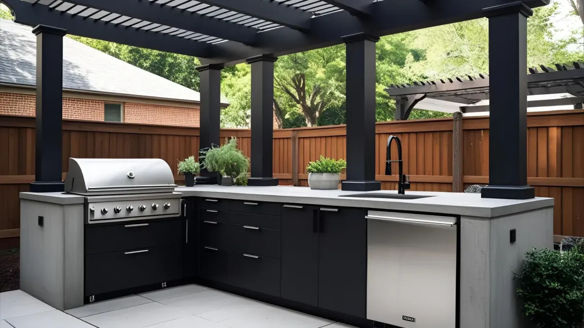 Outdoor Kitchen With Black Matte Appliances, Concrete Countertops, and Modern Pergola, Set in a Midtown Atlanta Backyard