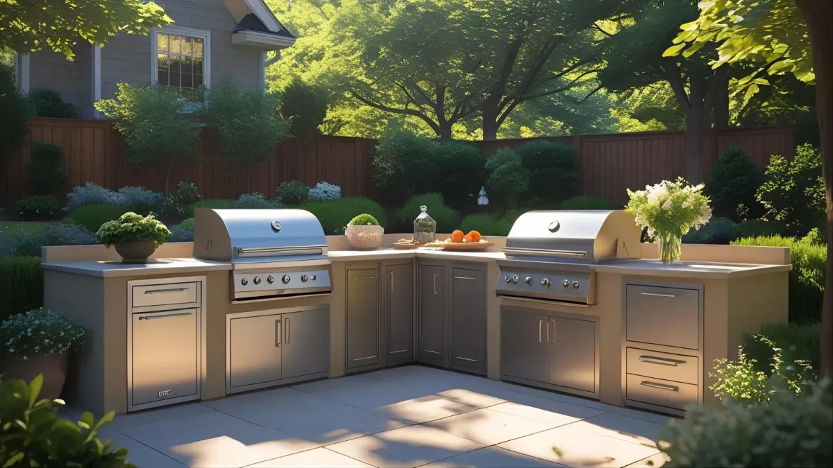 U-shaped Outdoor Kitchen With Built-in Sink and Warming Drawers, Surrounded by Lush Backyard