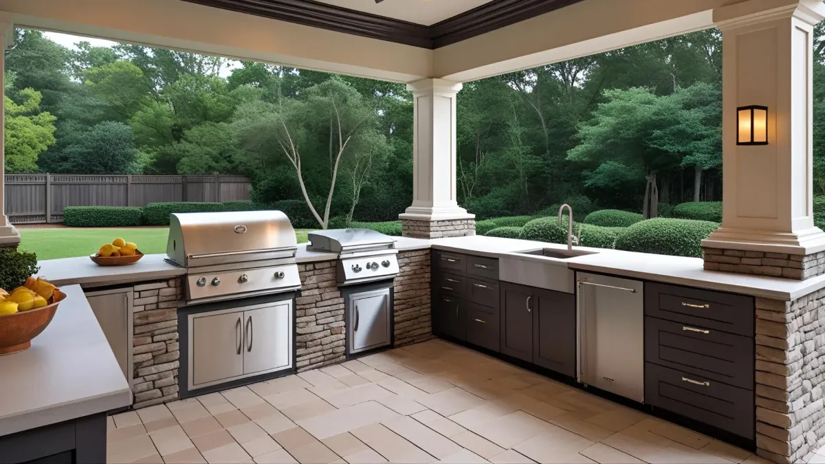 Covered Outdoor Kitchen With Fan, Ceiling Lights, and All-weather Cabinetry, Designed for Atlanta Summers