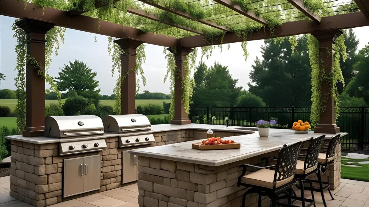 Spacious Patio Kitchen With a Stone Island, Double Grills, and Pergola Covered With Wisteria Vines