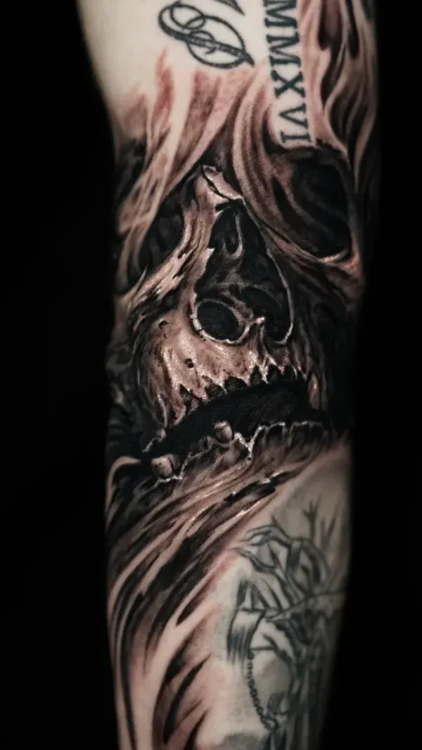 textured skull tattoo black and grey surrealism tattoo: Professional tattoo by James Strickland at Montana Tattoo Company in Missoula, MT