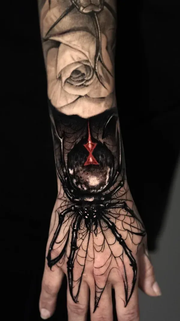 spider and rose black and grey surrealism tattoo: Professional tattoo by James Strickland at Montana Tattoo Company in Missoula, MT 