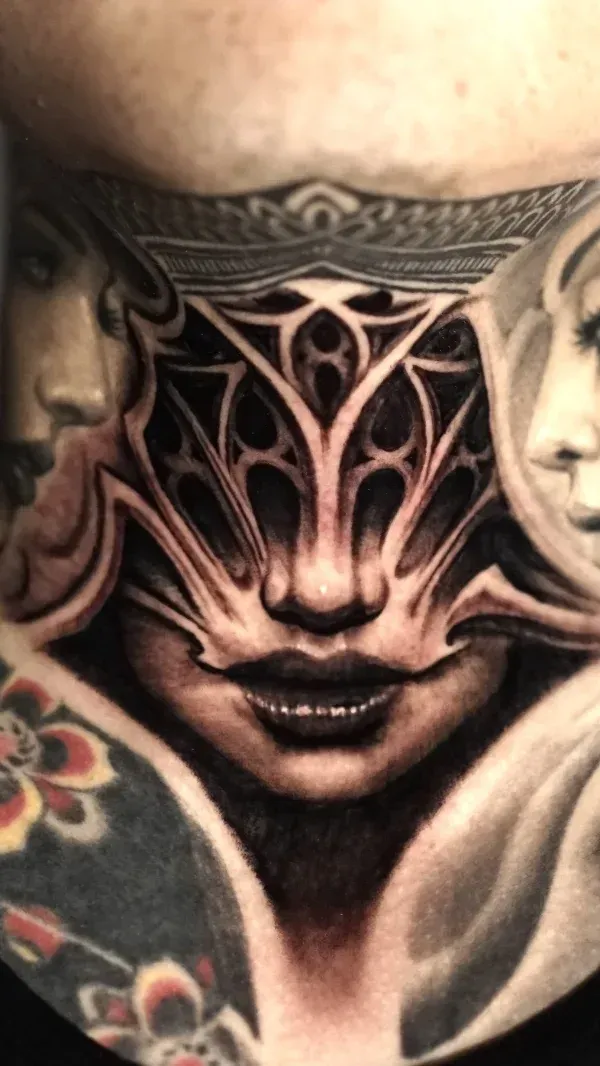 throat tracery lady black and grey surrealism tattoo: Professional tattoo by James Strickland at Montana Tattoo Company in Missoula, MT 