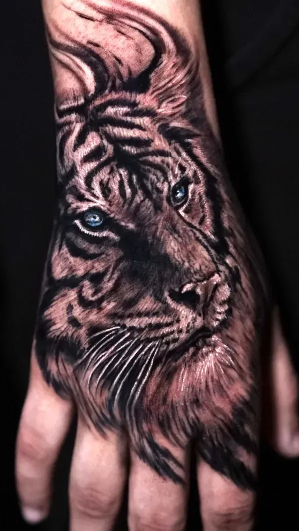 Tiger black and grey surrealism tattoo: Professional tattoo by James Strickland at Montana Tattoo Company in Missoula, MT 