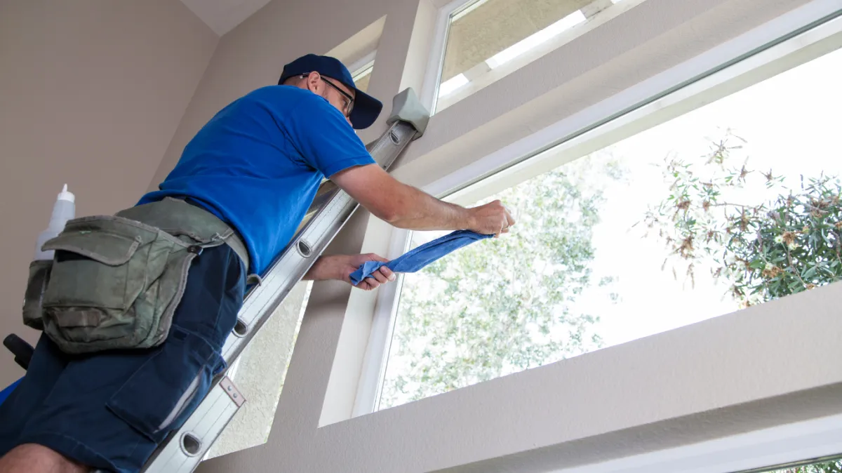 Professional window cleaner on a ladder, cleaning interior windows with a microfiber cloth, ensuring streak-free results for hard-to-reach areas.