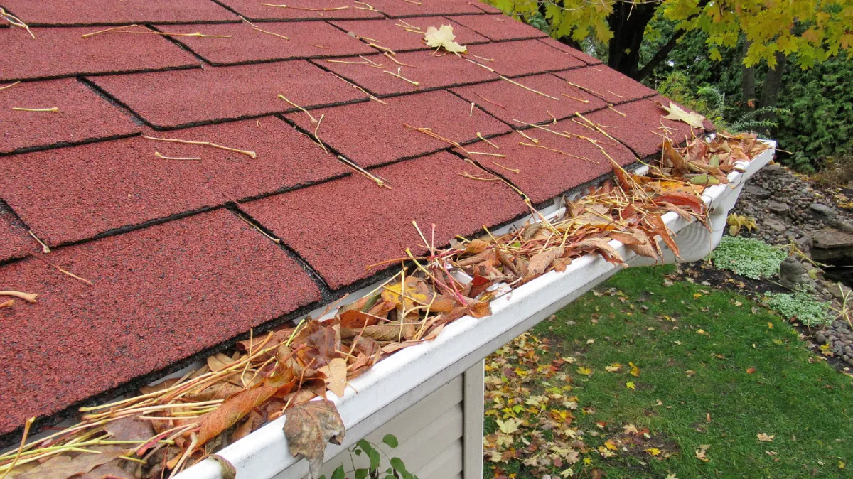 Clogged gutters filled with leaves and debris, highlighting the importance of regular gutter maintenance to prevent damage to the home’s foundation, roof, and landscaping.