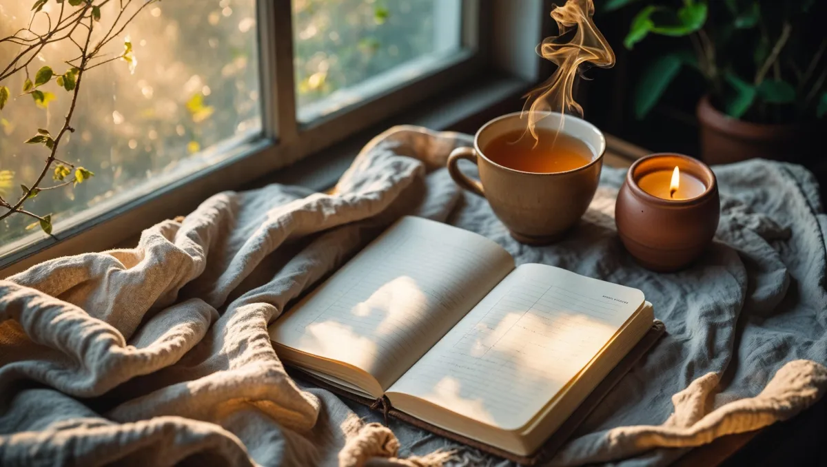 A soft morning scene: a journal, herbal tea, and a lit candle on a cozy linen throw, bathed in early sunlight. Hints of nature outside a nearby window. Golden tones, quiet and inviting.
