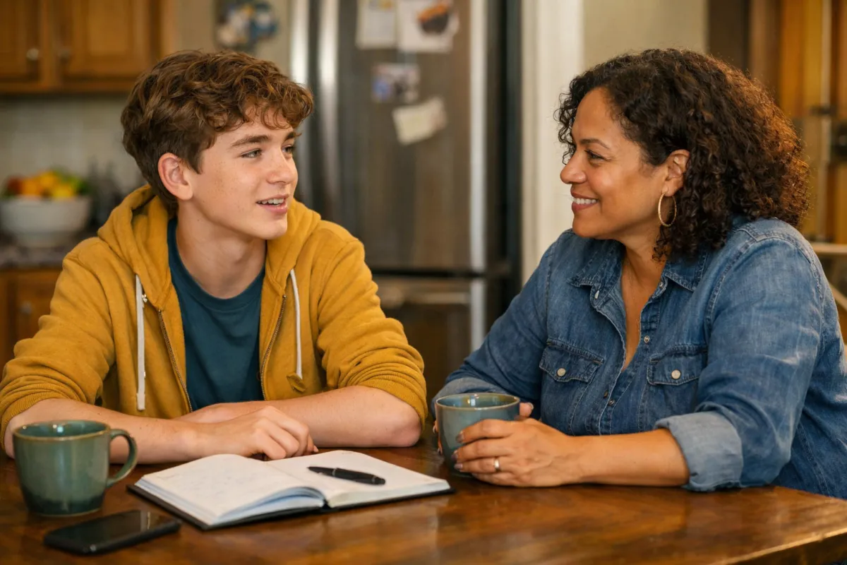Teen speaking confidently with a supportive adult, representing self-advocacy skills in action