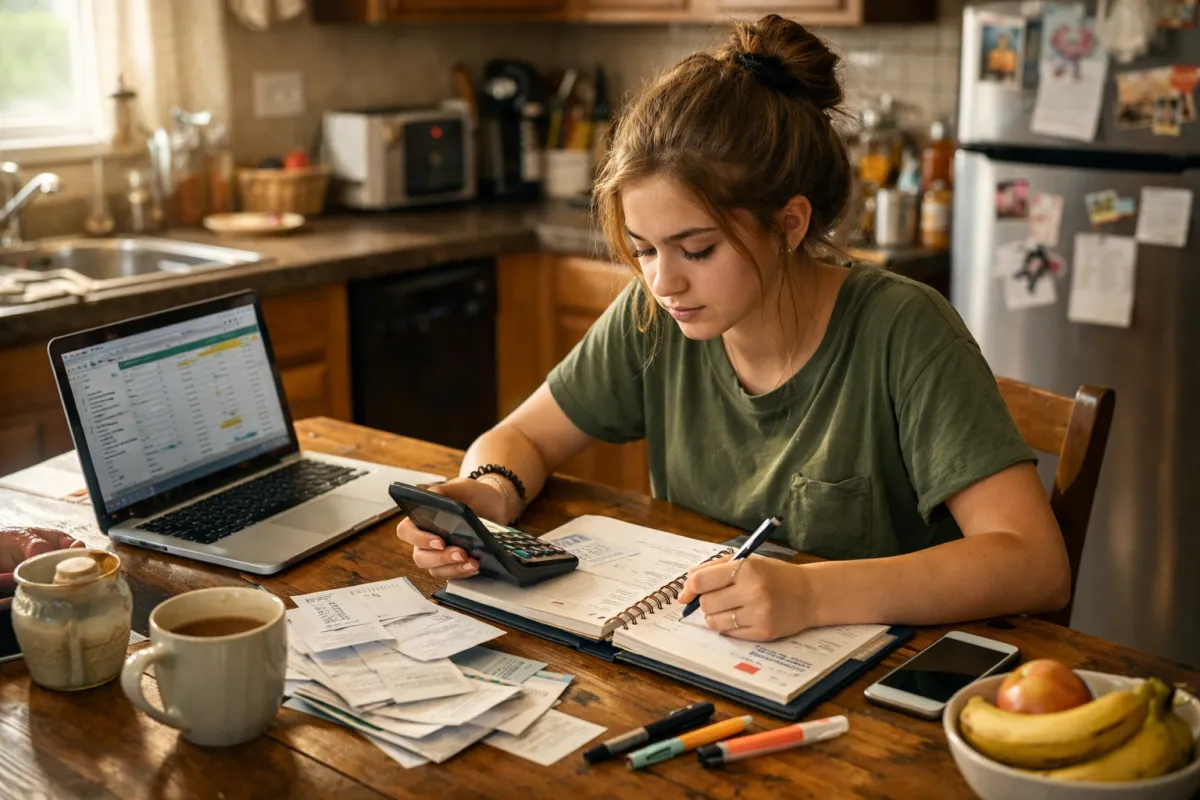 Homeschool teen learning life skills at kitchen table with laptop and planner — practical high school preparation