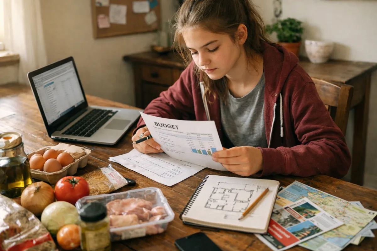 Teen working on a project-based learning activity, reviewing a budget and planning materials at a kitchen table