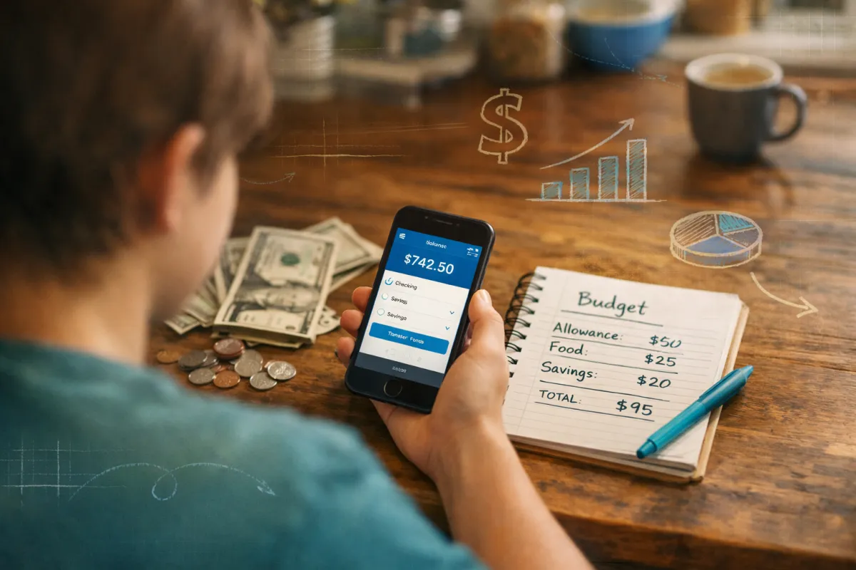 Teen reviewing budget on phone and notebook at kitchen table—real-world financial literacy skills in action. lifeprepcurriculum.com