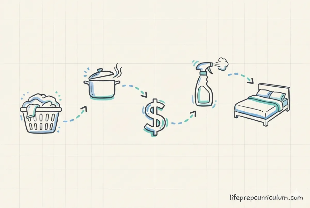 Life skill chores for teenagers illustrated as connected icons—laundry, cooking, money, cleaning, room care—showing the pathway from daily tasks to real-world readiness. lifeprepcurriculum.com
