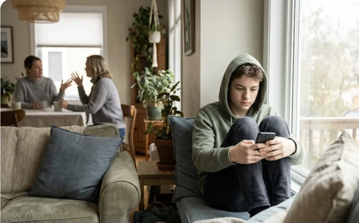 Teen sitting apart from a conversation, looking at phone, illustrating conflict avoidance behavior