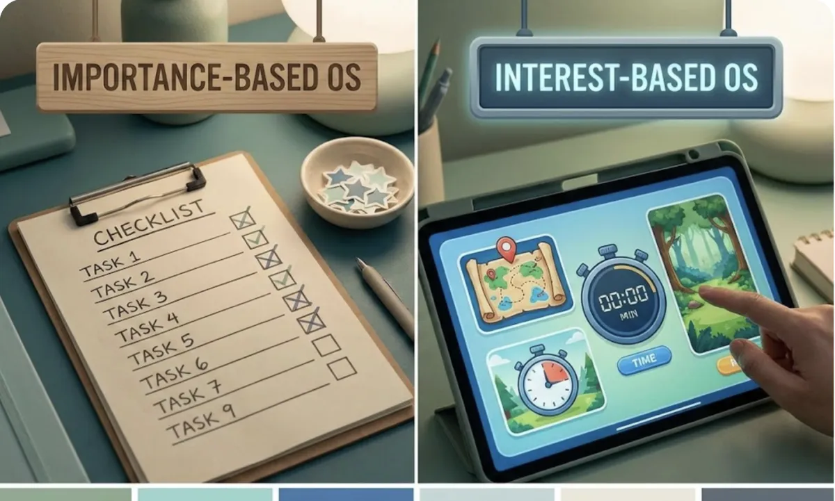 Visual comparison of importance-based versus interest-based nervous system approaches to motivation, showing traditional rewards on one side and engagement-focused strategies on the other