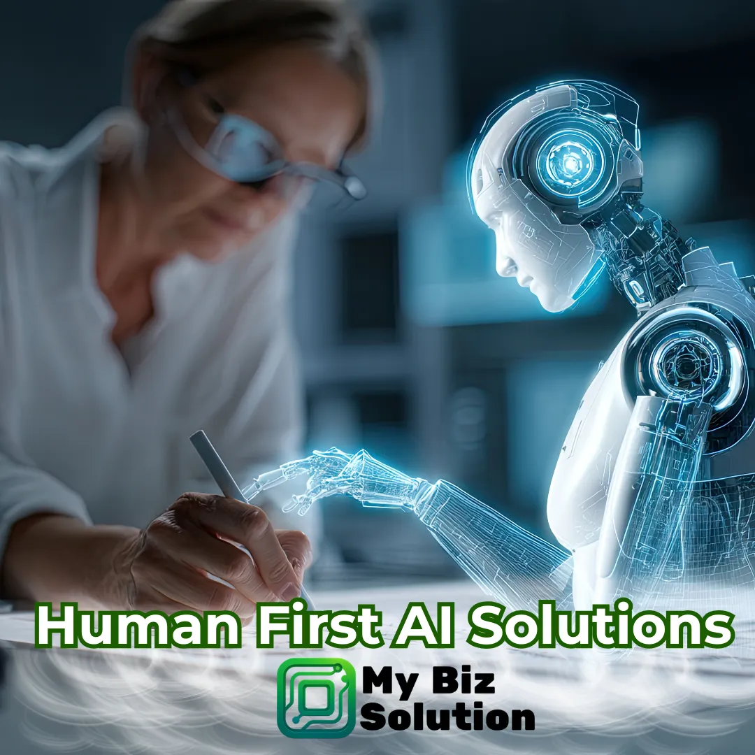 Human and AI Bot working together depicting how AI makes you more efficient, doesn't replace you