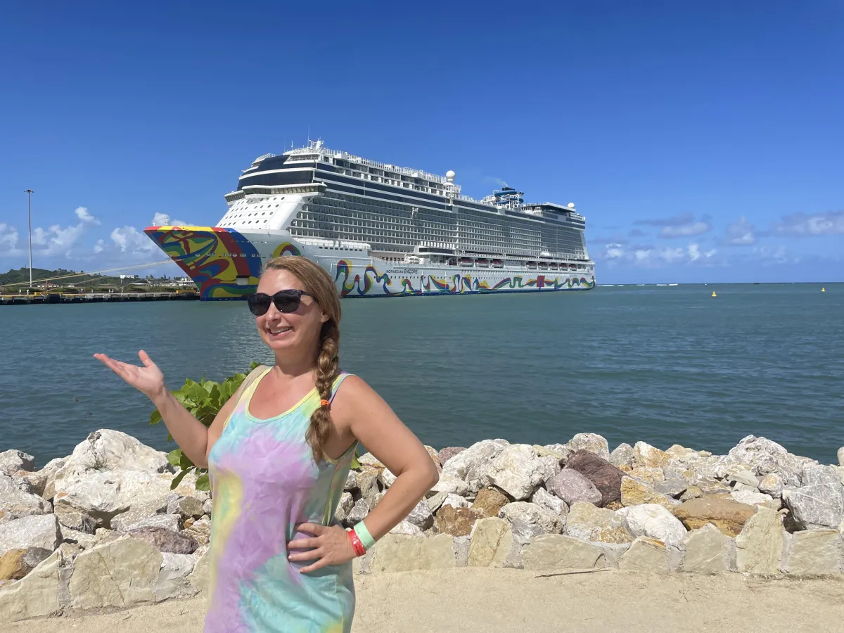 Lisa next to a cruise ship