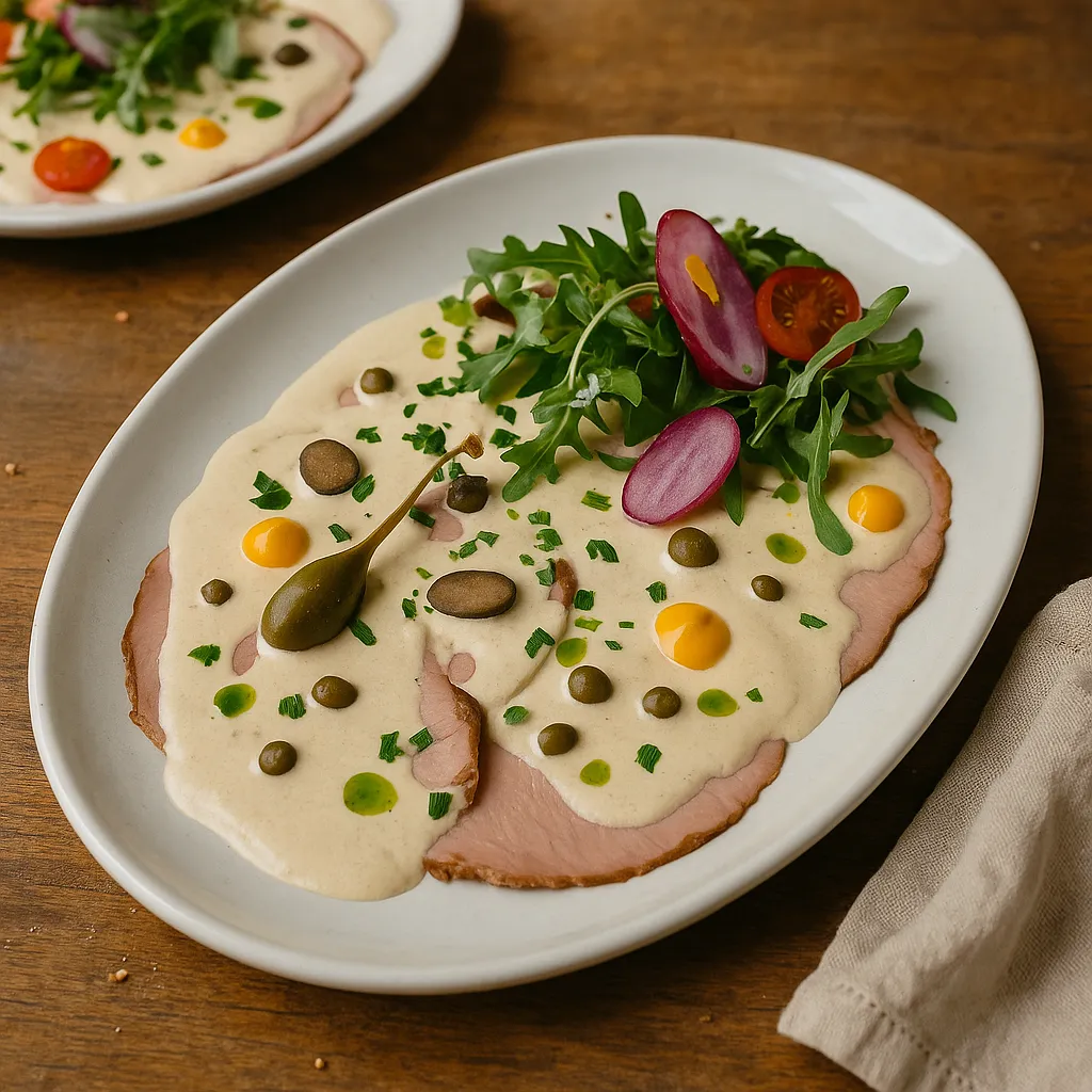 Vitello tonnato, fines tranches de veau nappées d’une sauce au thon et câpres, servies avec salade fraîche et légumes colorés dans un restaurant bistrot du Sud-Ouest.