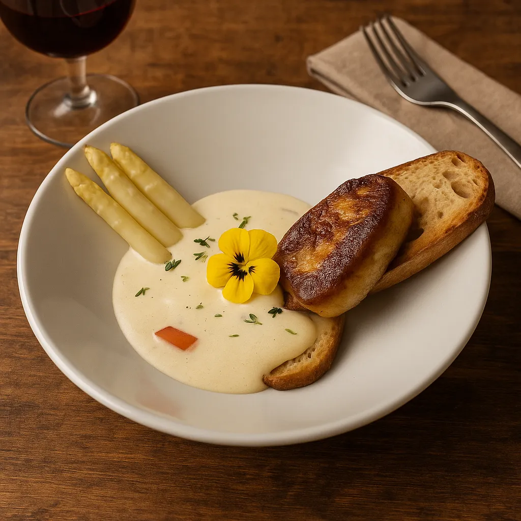 Foie gras poêlé servi avec asperges blanches et crème légère, décoré d’une fleur comestible, plat signature du restaurant La Fontaine de Manon à Saint Magne de Castillon.