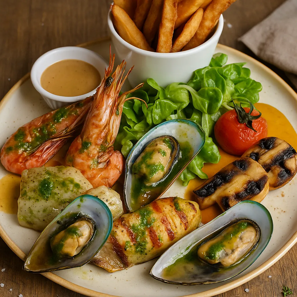 Assiette de la mer avec poissons grillés, crevettes, moules et frites maison, servie avec sauce et salade verte, plat signature du restaurant La Fontaine de Manon à Saint Magne de Castillon.