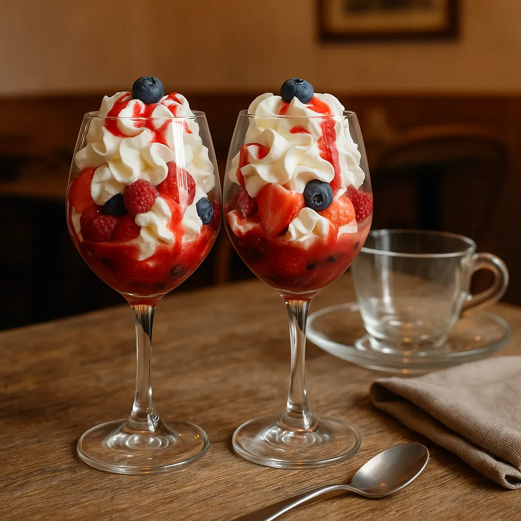 Coupe de fruits rouges et chantilly servie dans un verre à pied, avec fraises, framboises et myrtilles, dessert gourmand du restaurant La Fontaine de Manon à Saint Magne de Castillon.
