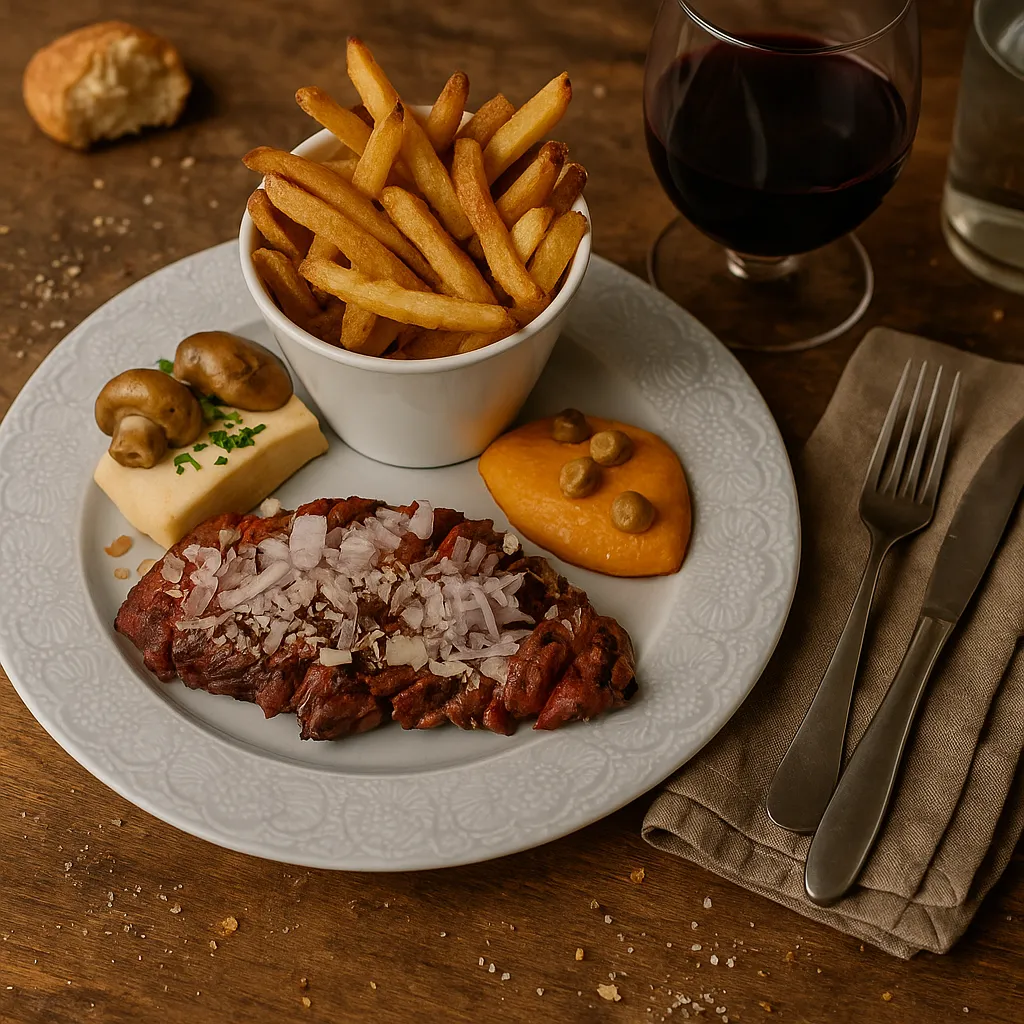 Pièce de bœuf grillée avec échalotes, frites maison croustillantes et purée de légumes, servie dans une assiette bistrot au restaurant La Fontaine de Manon à Saint Magne de Castillon.