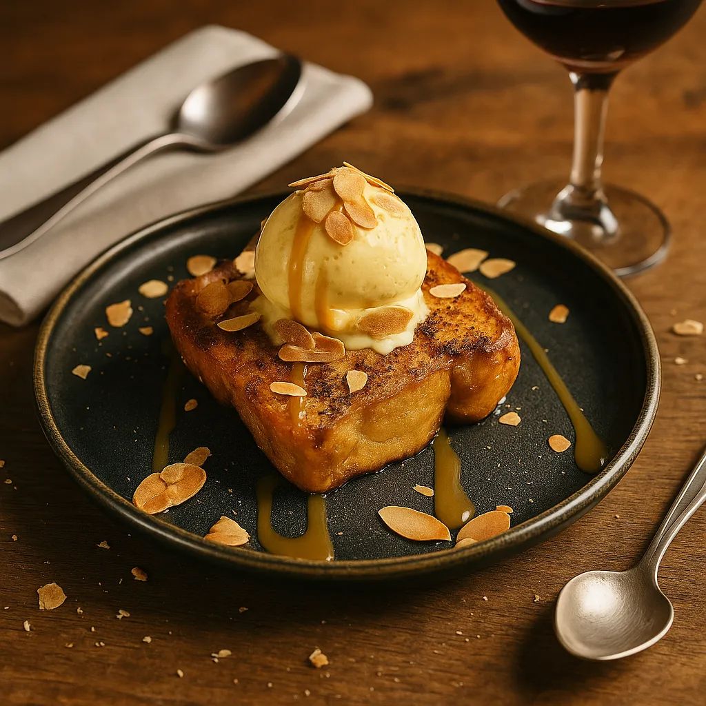 Pain perdu brioché garni d’une boule de glace vanille, nappé de caramel et parsemé d’amandes grillées, dessert gourmand du restaurant La Fontaine de Manon à Saint Magne de Castillon.