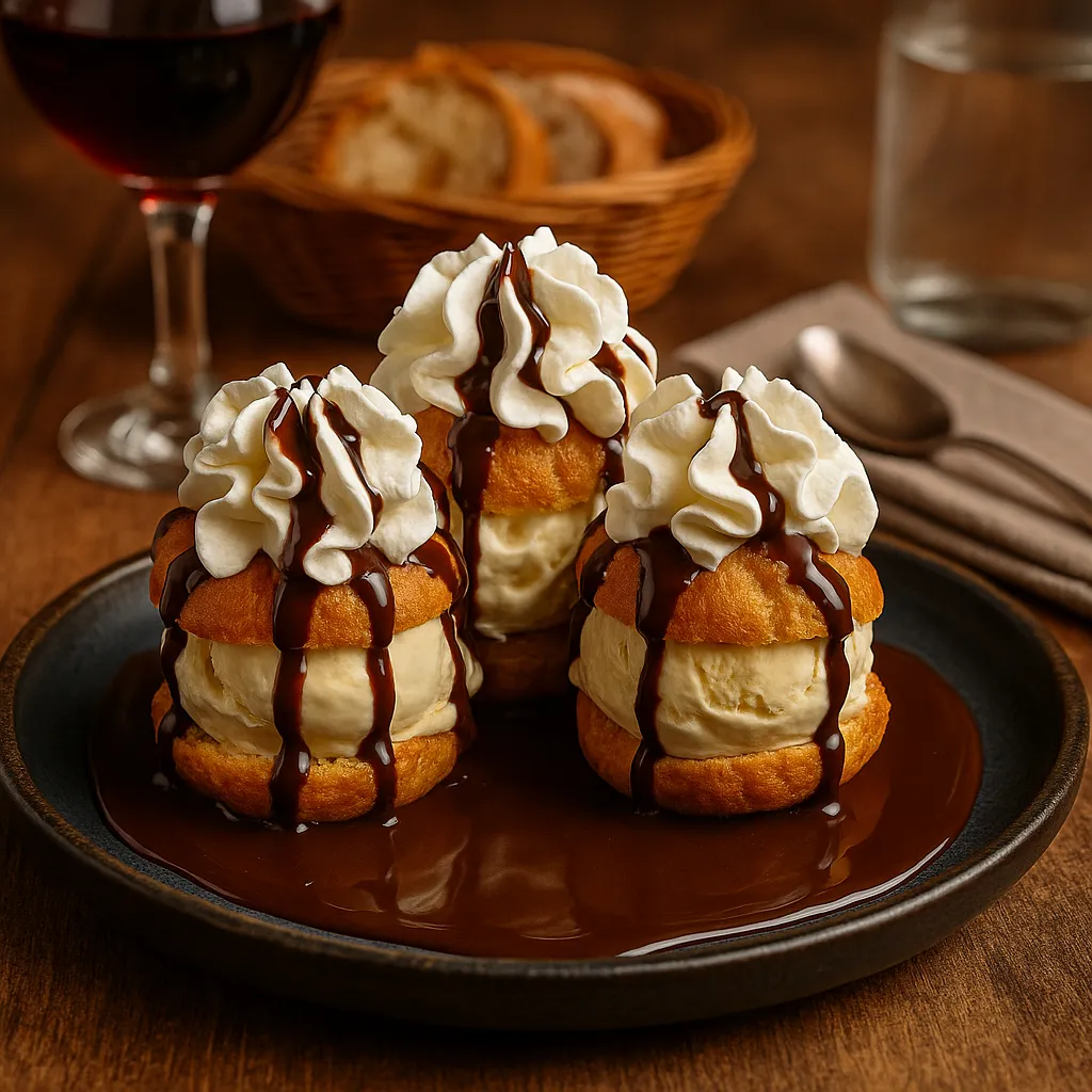 Profiteroles gourmandes servies avec glace vanille, sauce chocolat chaude et chantilly, dessert généreux du restaurant La Fontaine de Manon à Saint Magne de Castillon.
