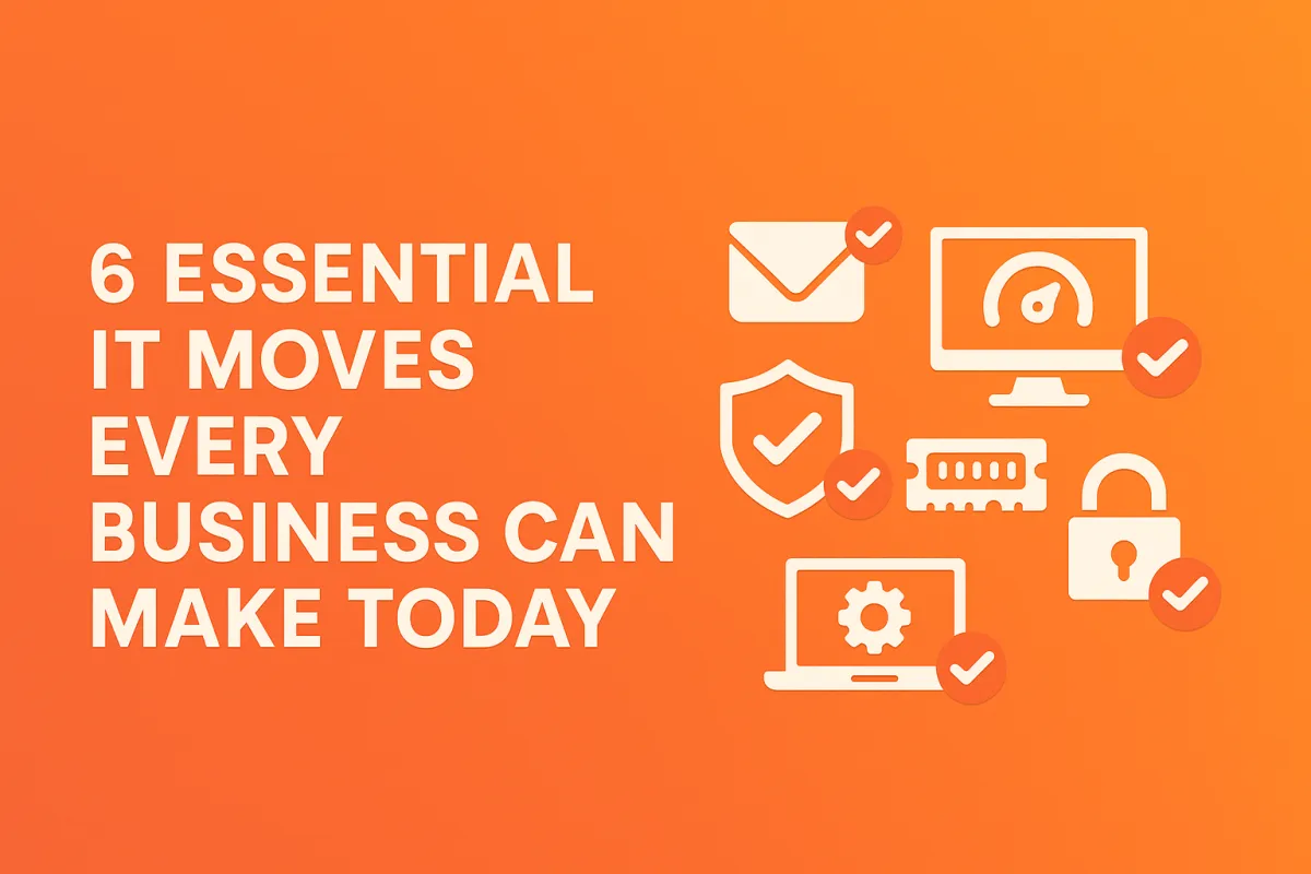 A clean, modern flat-design digital graphic featuring the title “5 Essential IT Moves Every Business Can Make Today,” with illustrated icons representing cybersecurity, email protection, cloud computing, and computer upgrades, set against a professional tech-themed background.